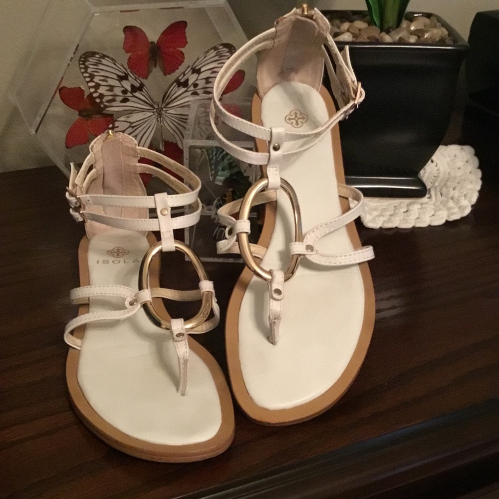 Isola-Women's White Leather Gladiator Sandals with Gold Accents